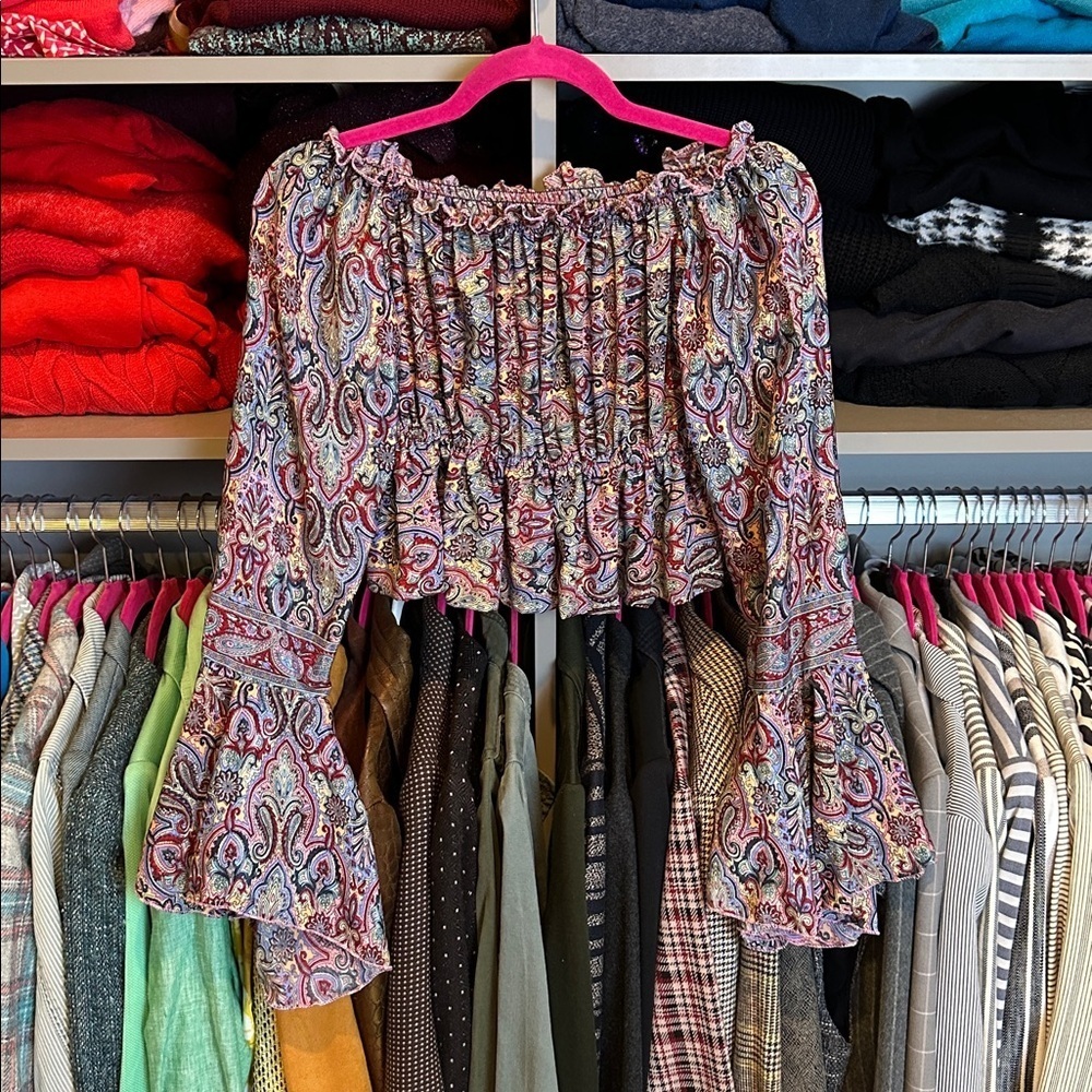 Unbranded multicolored paisley long bell sleeve elastic waistband crop top S